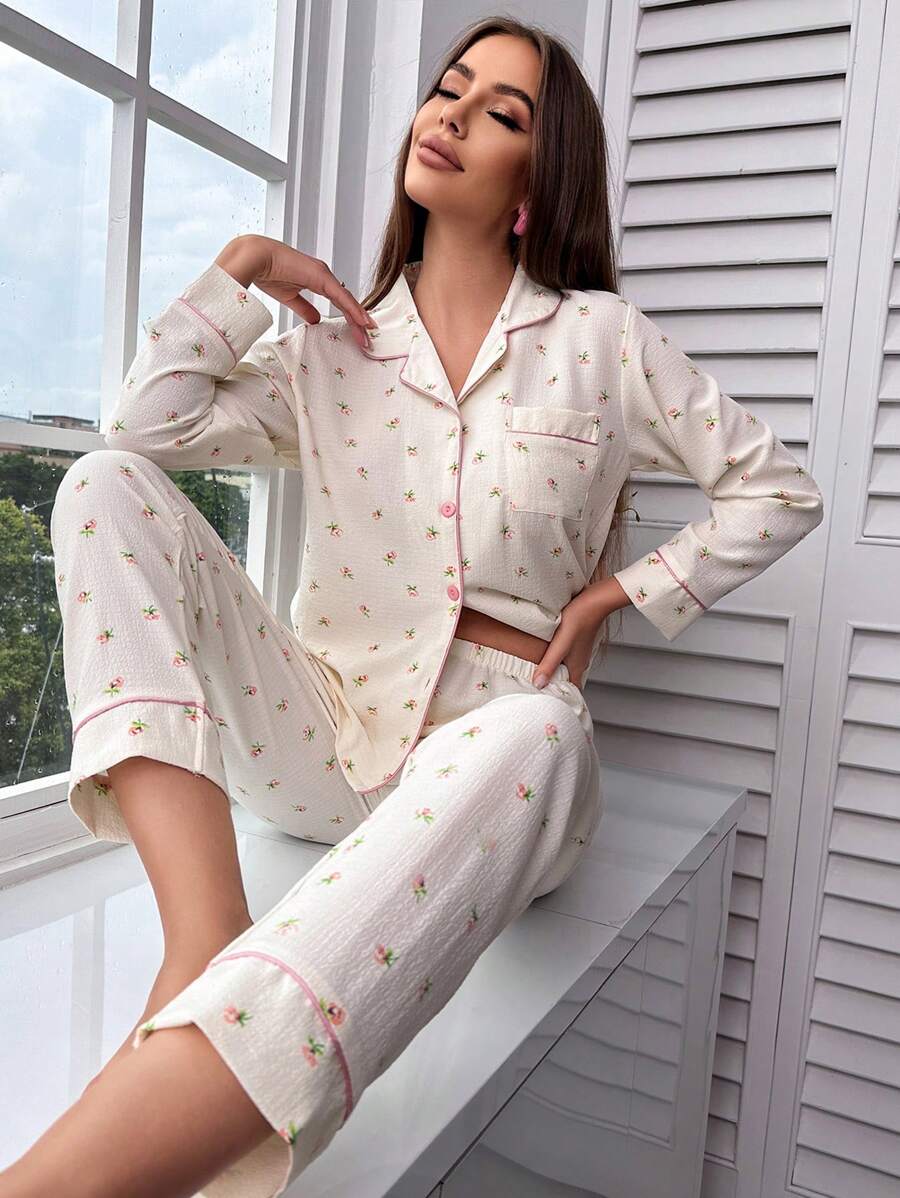 CottageSlumber Ditsy Floral Print Contrast Binding Pocket Front PJ Set / PJS Holiday Season Bountiful Floral Splendor, Fall Winter Clothes Cozy And Elegant Details - Beige - View 1