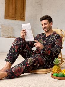 Manfinity ChillVibe 2pcs Men Floral Print Long Sleeve Lapel Neck Single Breasted Top & Pants Pajama Set - Black - View 3