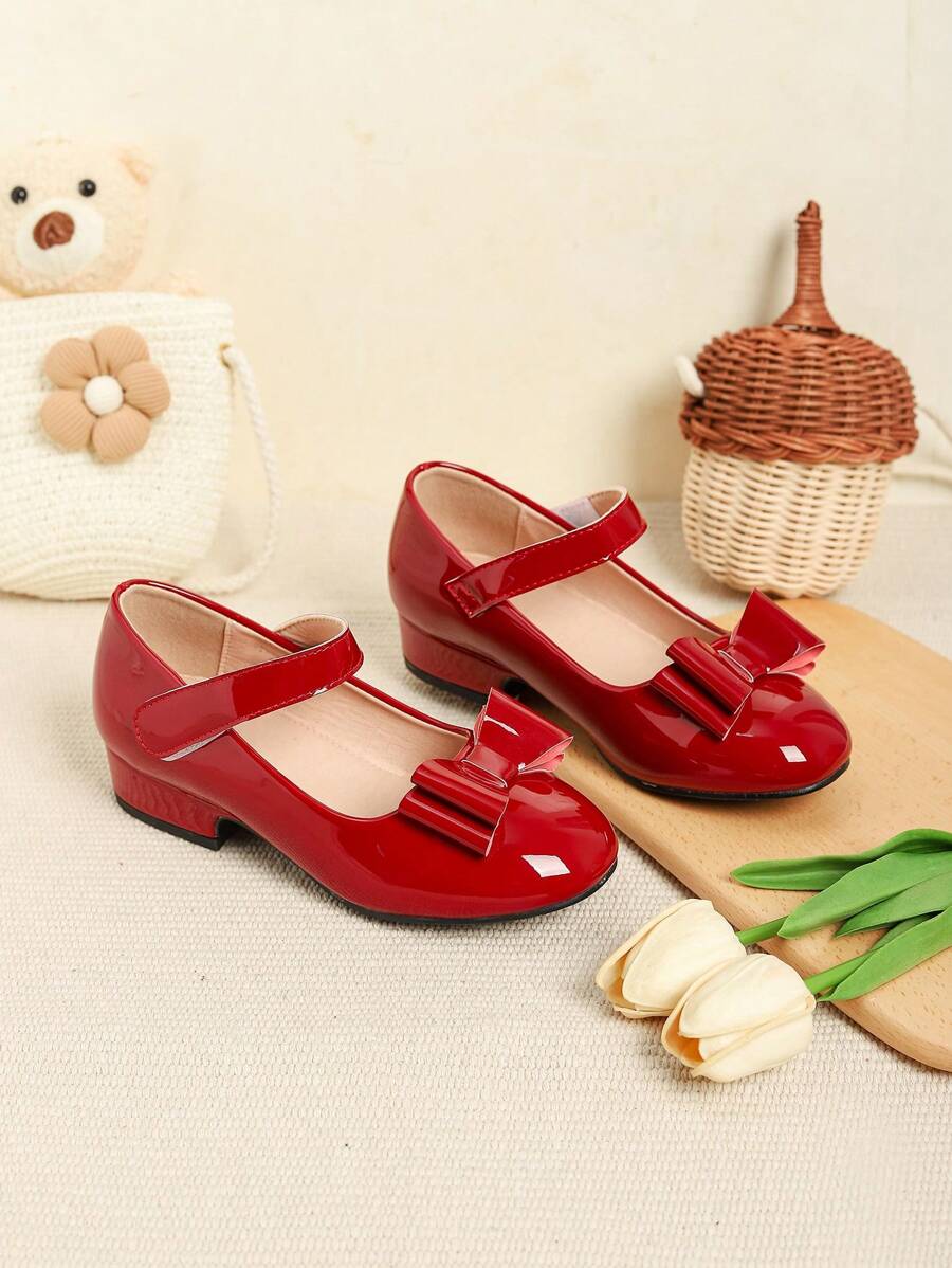 1 par de zapatos de niña con decoración de lazo, adecuados para otoño e invierno - Rojo - Ver 1
