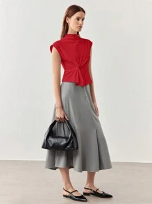 BizChic 女士优雅立领无袖扭纹前上衣、教师 T 恤、秋季 - 紅色 - 查看 5