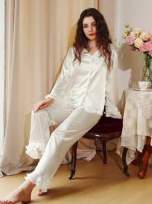 Côtesoire Ladies' Solid Color Ruffle Hem Sleepwear Pajama Set With Decorative Trim, White Set Holiday Season, Fall Winter Clothes - White - View 3