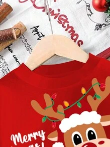 SHEIN Babymeisje schattige kerst herten print "Merry Christmas" rode casual minimalistische losse pasvorm ronde hals zachte gebreide trui sweatshirt