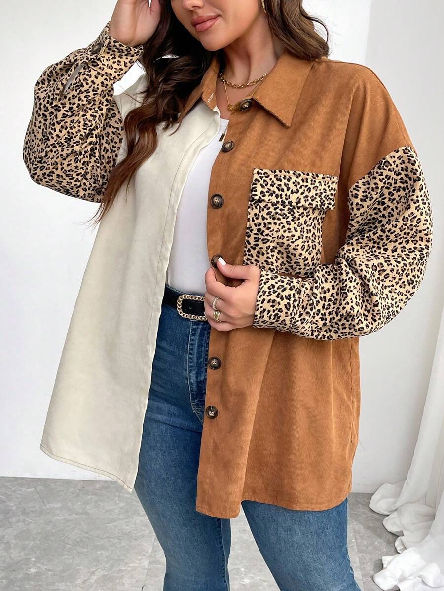 SHEIN LUNE Plus Size Leopard Print Patchwork Color Block Casual Jacket, Autumn Winter Fall - Multicolor - View 1