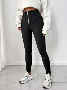 Chiquease Quần legging cạp chun co giãn cao màu trơn cho nữ - màu đen - Xem 1