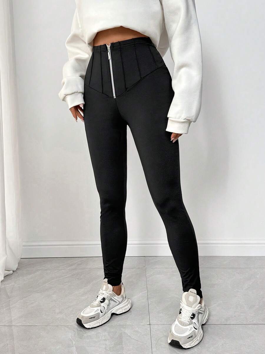 Chiquease Quần legging cạp chun co giãn cao màu trơn cho nữ - màu đen - Xem 1