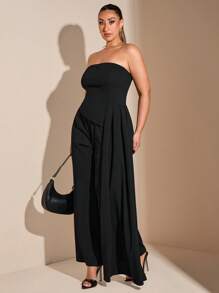 SHEIN BAE Plus Size Curve Women Sexy Elegant Birthday Party Black One Shoulder Tube Top Long Streamer Vest Top And Flared Pants Formal Two Pieces Suit Trouser Suit Christmas Outfits Thanksgiving Outfits - Black - View 6