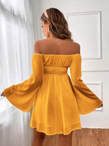 SHEIN VCAY Romantic Off Shoulder Flounce Sleeve Waist Dress - Yellow - View 2