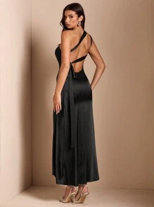 SHEIN BAE Elegant Women's Backless Sexy Maxi Cocktail Dress With Train, Suitable For Nightclub, Party, Date, Outing, Autumn