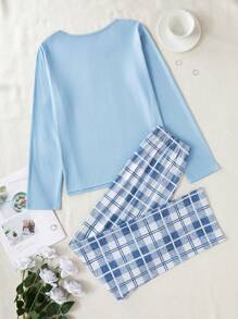 Set de pijama de 2 piezas con estampado de ballena y letras de manga larga, con pantalón a cuadros