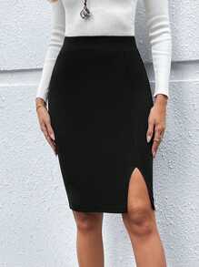 EMERY ROSE 女士简约纯色开衩铅笔裙 - 黑色 - 查看 3