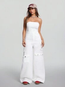 SHEIN ICON 女士白色牛仔連身褲無肩帶工作服寬腿褲街頭服裝 - 白色 - 查看 8