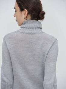 SHEIN LUNE 女士休闲简约纯色高领开衩下摆毛衣裙，秋冬 - 淺灰色 - 查看 6