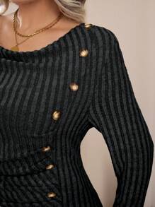 Calvaya Plus Size Women Casual Solid Color Ribbed Button Decor T-Shirt Fall Cloth For Women