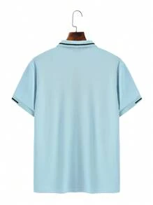 Manfinity Homme Men's Striped Short Sleeve Casual Commute Polo Shirt, Baby Blue Polo Shirt - Baby Blue - View 2