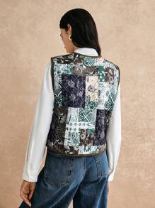 Poéselle Chaleco acolchado sin mangas con estampado vintage retro y efecto patchwork para mujer, chaleco acolchado sin mangas vintage, chaqueta acolchada corta, chaqueta acolchada, chaqueta corta de mujer, chaqueta de pana, chaqueta de mujer para otoño, ropa de mujer para otoño, chaqueta de invierno - Verde militar - Ver 6