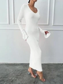 EURMUSE Solid Color Split Bell Sleeve Sweater Dress - White - View 4