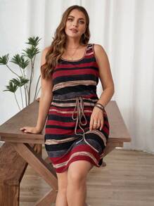 SHEIN LUNE Đầm dự tiệc ngày lễ cỡ lớn cho nữ, cổ chữ U, thắt eo, sọc nhiều màu, trang phục ngày lễ năm mới cho nữ - Đỏ - Xem 4