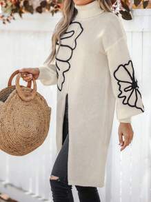 SHEIN Clasi 大码长款圆领刺绣套头毛衣 - 米色 - 查看 6