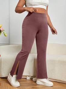 SHEIN Essnce Plus Size Solid Color Split Hem Casual Pants For Daily Wear - Dusty Pink - View 1