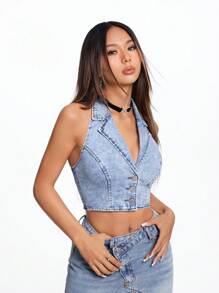 SHEIN EZwear 前紐扣露背短款吊脖牛仔上衣 - 淺色水洗藍 - 查看 5