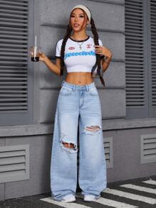 SHEIN Tall 女士破洞口袋宽松休闲阔腿牛仔裤