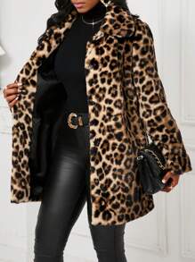 SHEIN Lady Women's Winter Fur Coats Leopard Print Jackets Plush Jackets Lapel Fluffy Coats & Winter Women Coat