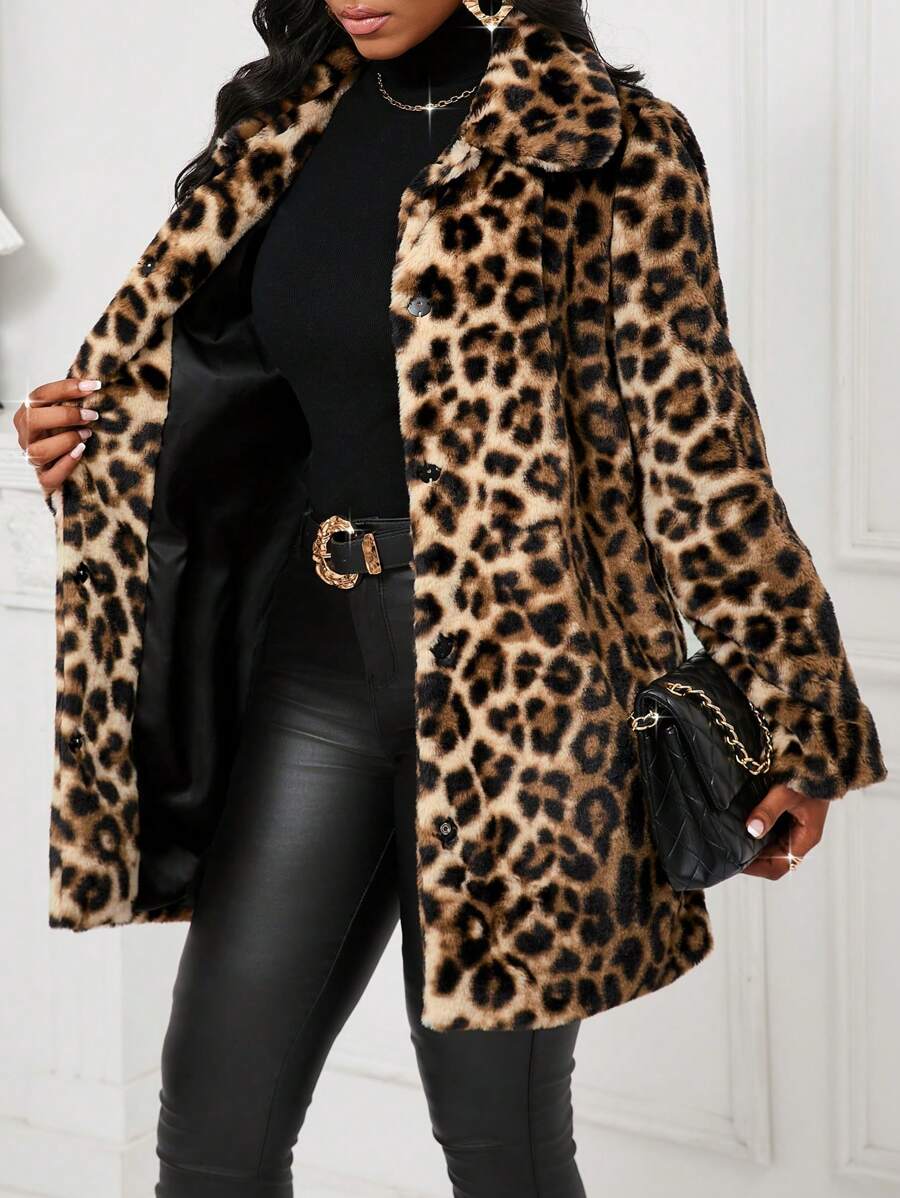 SHEIN Lady Women's Winter Fur Coats Leopard Print Jackets Plush Jackets Lapel Fluffy Coats & Winter Women Coat