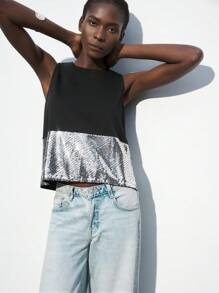 Maija 女士派对百搭黑色拼接亮片宽松背心，秋冬款 - 黑色 - 查看 4