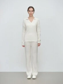 SHEIN LUNE 2 pezzi Set di blusa a maniche lunghe e pantaloni lunghi di colore unito per donna, casual in lana, stile minimalista - Albicocca - Visualizzare 3