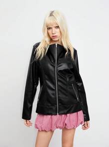 SHEIN Unity 1 chiếc áo khoác da PU cổ điển màu đen ôm vừa vặn dành cho nữ, mùa thu/đông - màu đen - Xem 5