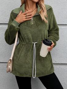 EMERY ROSE 1 件女式纯色长袖拉链半襟羊毛抽绳腰部连帽衫，秋冬 - 軍綠色 - 查看 4