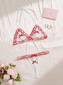 Set Lingerie Seksi dengan Hiasan Pita dan Rumbai untuk Wanita - Putih - View 7