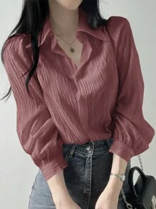 DAZY 女式褶皱纯色宽松翻领衬衫，粉色，春夏秋季，返校服，秋季女装长袖上衣 - 藕粉色 - 查看 4
