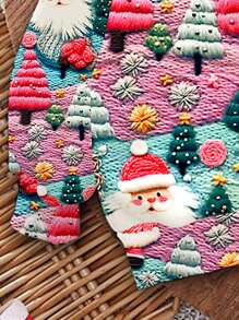 SHEIN 年轻女孩圣诞节可爱圣诞老人和圣诞树刺绣纹理印花休闲宽松圆领舒适针织长袖运动衫，适合秋冬季 - 彩色 - 查看 5