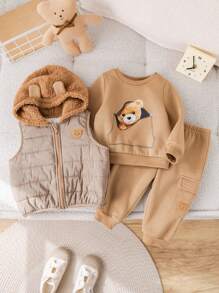 3 pezzi/set neonato/bambina cachi modello cartone animato scollo rotondo felpa, elastico in vita pantaloni spessi, gilet in pile giacca 3 pezzi vestito, adatto per autunno e inverno all'aperto, sci - Multicolore - Visualizzare 11