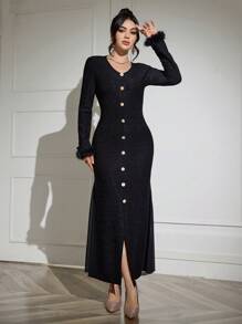 Modelyn 1 chiếc váy dài voan cho nữ có viền đuôi cá và nút trang trí phía trước, thiết kế thanh lịch cho trang phục maxi dành cho nữ, váy dạ hội dài, vải mùa thu cho nữ - màu đen - Xem 5