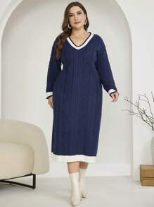 Mulvari Plus Size Women Contrast Trim V-Neck Plus Size Cable Knit Sweater Dress - Navy Blue - View 5