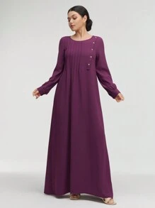 Graceveil Long Sleeve Round Neck Button Detail Modest Dress - Purple - View 3