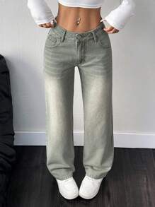 Jeanoix 休闲洗水低腰直筒牛仔裤 - 綠色 - 查看 4