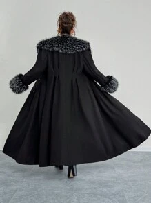 EMERY ROSE Plus Size Women Elegant Long Fur Collar & Cuff Winter Coat - Black - View 1