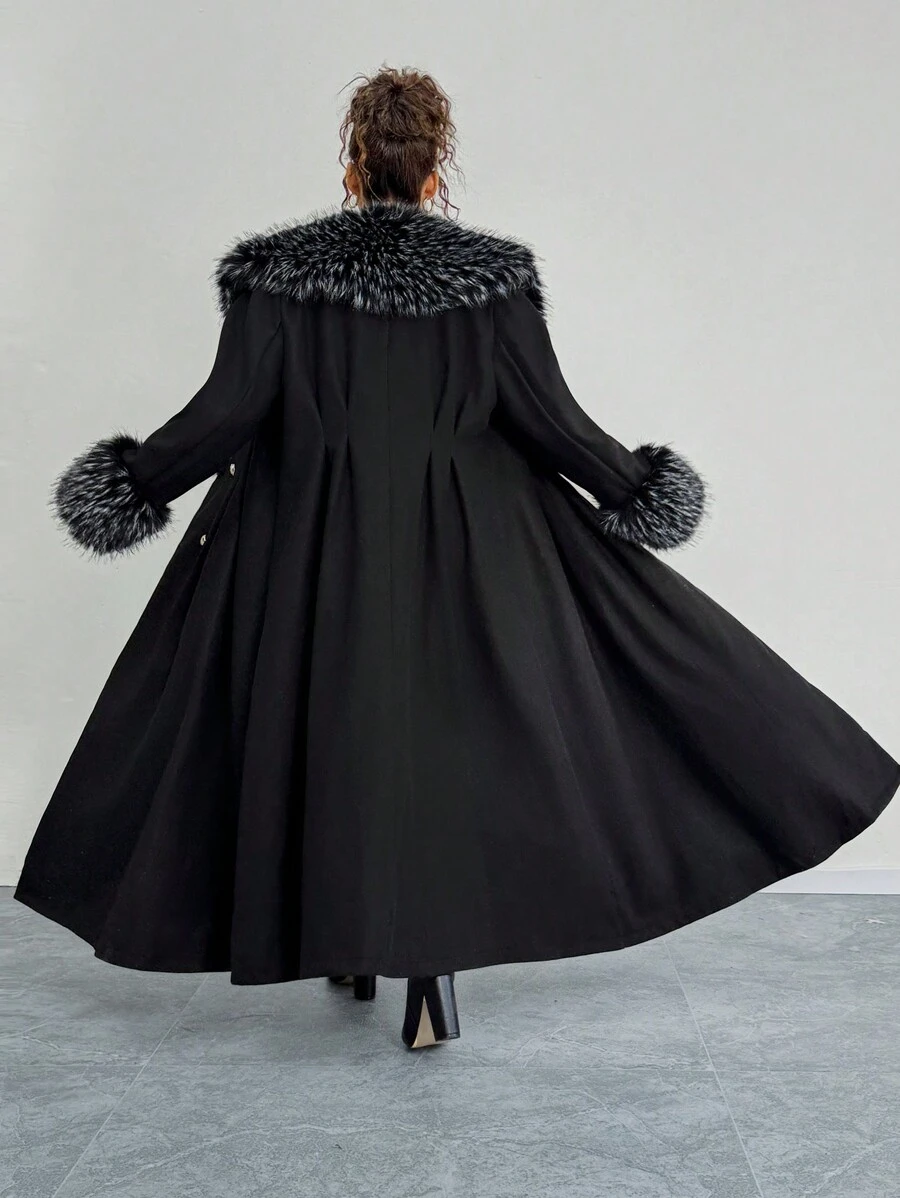 EMERY ROSE Plus Size Women Elegant Long Fur Collar & Cuff Winter Coat - Black - View 1