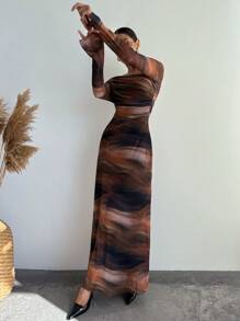 Firerie 1 件女式新款扎染雪纺长袖不对称肩飘逸连衣裙 - 彩色 - 查看 3