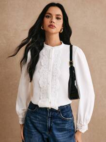 Poéselle Contrast Guipure Lace Button Front Shirt - White - View 7