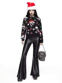 ROMWE Goth Dark Skull & Christmas Wreath All-Over Print Pullover Sweater - Multicolor - View 2