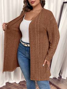 SHEIN VCAY 大码女式纯色落肩长袖罗纹休闲夹克，秋季 - 棕色 - 查看 4