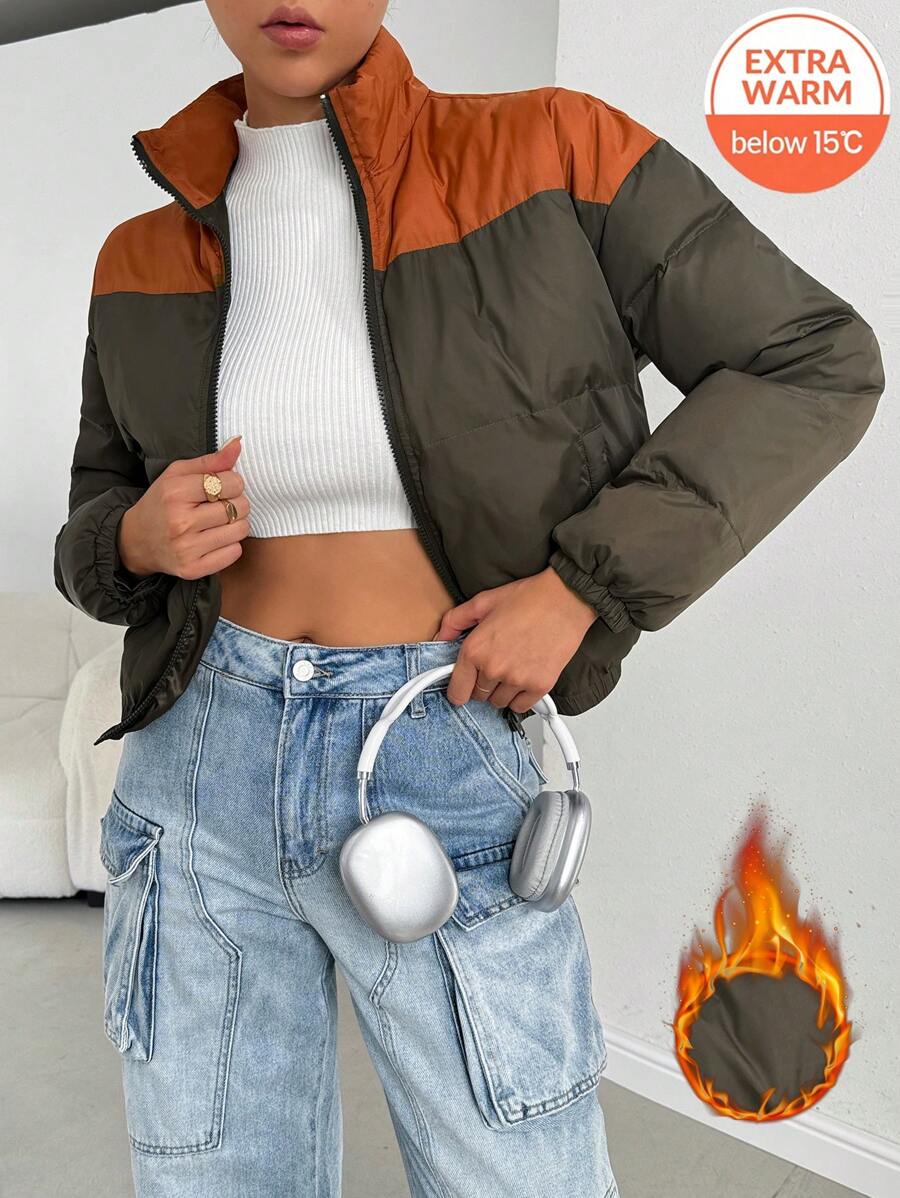 SHEIN Essnce Women Contrast Long Sleeve Stand Collar Zip-Up Pocket Padded Coat,Dark Orange Winter Casual Jacket,Thermal Winter Outfits For Daily Wear Occasion - Olive Green - View 1