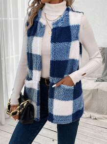 SHEIN LUNE 1pc Women Plaid Fuzzy Open Front Regular Casual Vest, Autumn/Winter - Blue and White - View 3