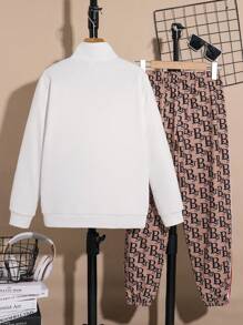 2 件/套青少年男童休闲日常印花立领半拉链长袖宽松运动衫和宽松针织裤套装，适合通勤、上学、休闲、度假、运动、春夏秋冬 - 彩色 - 查看 2