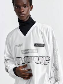 NEON BLANC Men's Reflective Letter Print V-Neck Pullover Long Sleeve Sweatshirt, For Friends, Husband, Boyfriend Gifts, For Fall Winter