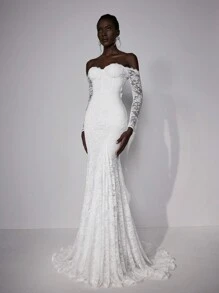 Elitara 优雅浪漫华丽的白色蕾丝全蕾丝露肩长袖蕾丝鱼尾透视U型大露背长拖尾婚礼礼服，适合新娘、新娘礼服、情人节等场合。 - 白色 - 查看 3